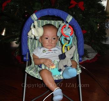 Playing in Chair in front of Christmas Tree